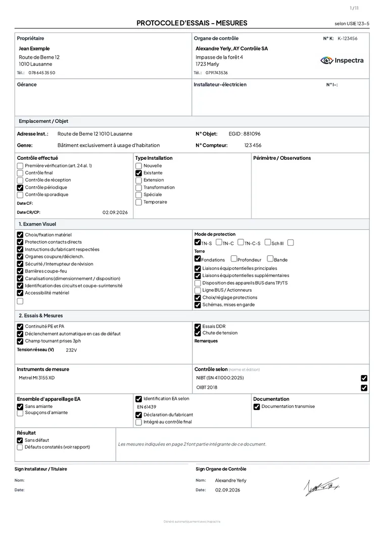 Protocole d’essais et mesures, formulaire USIE 133-F