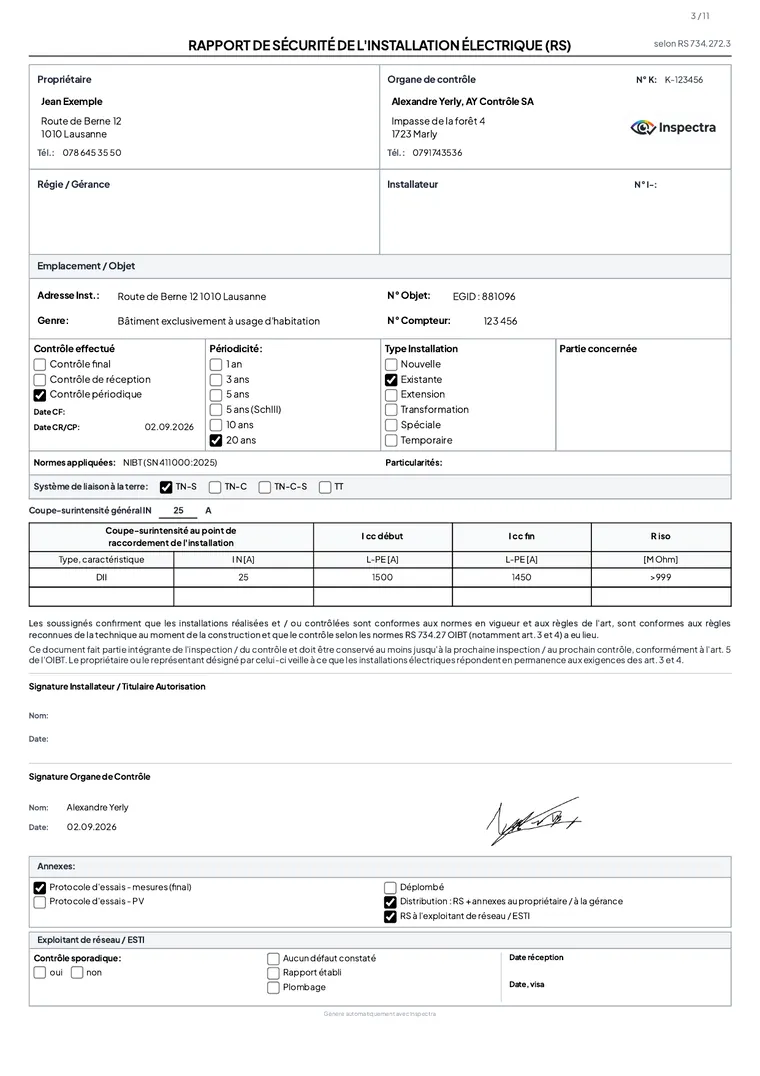 Rapport de sécurité de l’installation électrique