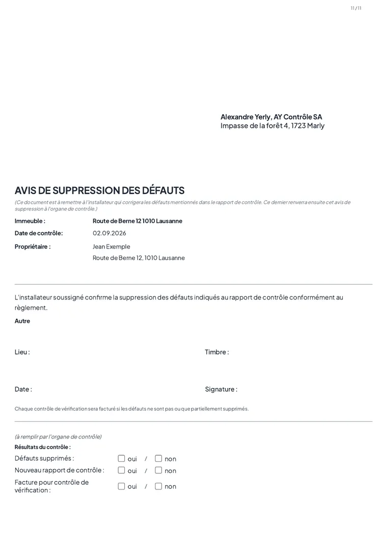 Avis de suppression des défauts, pour l’installateur